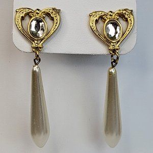 *4/$20* Gold tone heart earrings with a long pearl drop